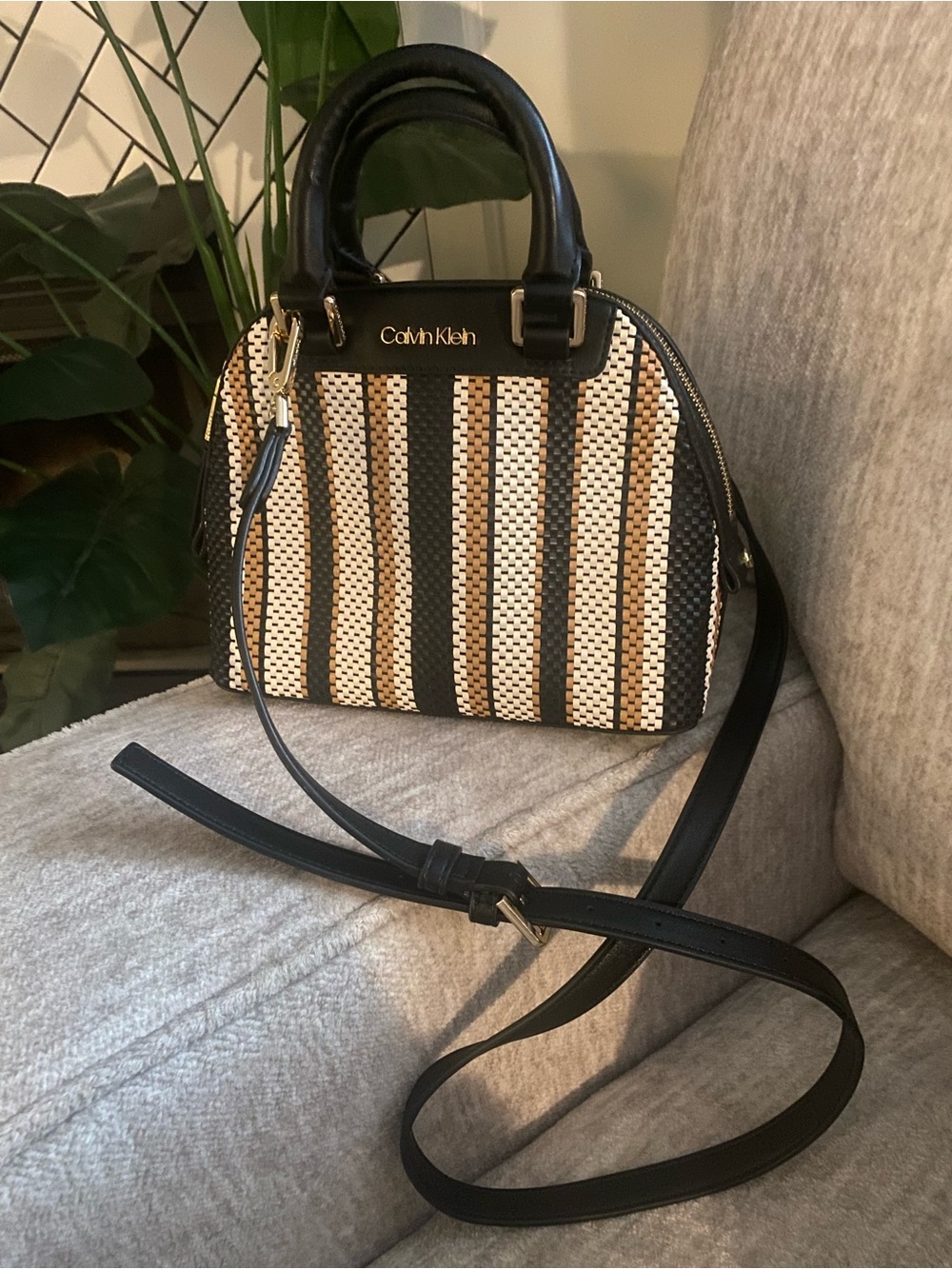 Calvin Klein Clara Mini Satchel Crossbody bag featuring a striped woven design